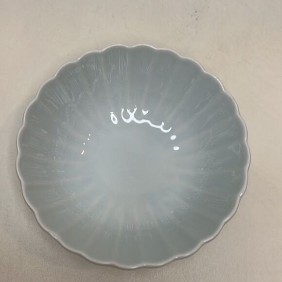 Porcelain Bowl 4 3/4 In Round 1 3/4 In Tall Vintage Sea Stripe Blue Green Ribbed - Picture 6 of 8